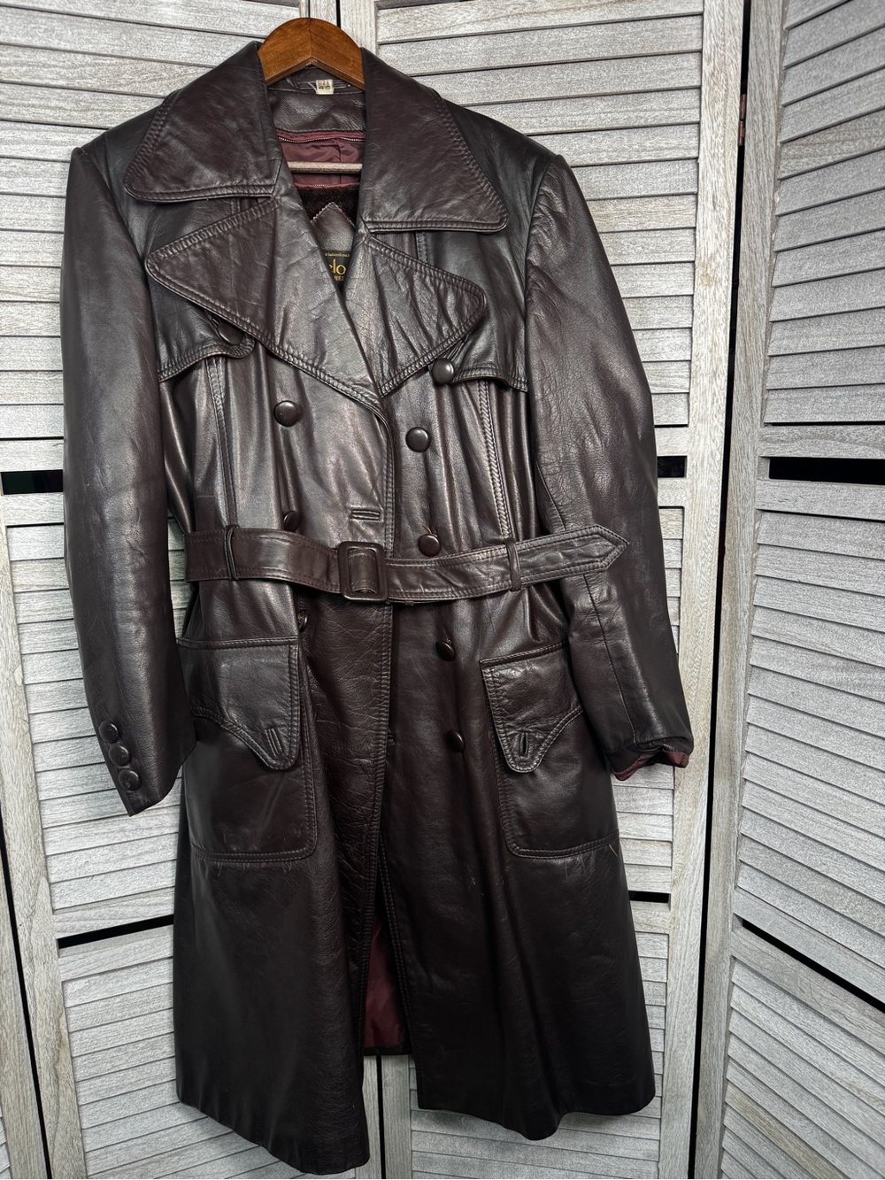 Vintage 70s Antelope Leather Shops Brown Leather Trench Coat 48